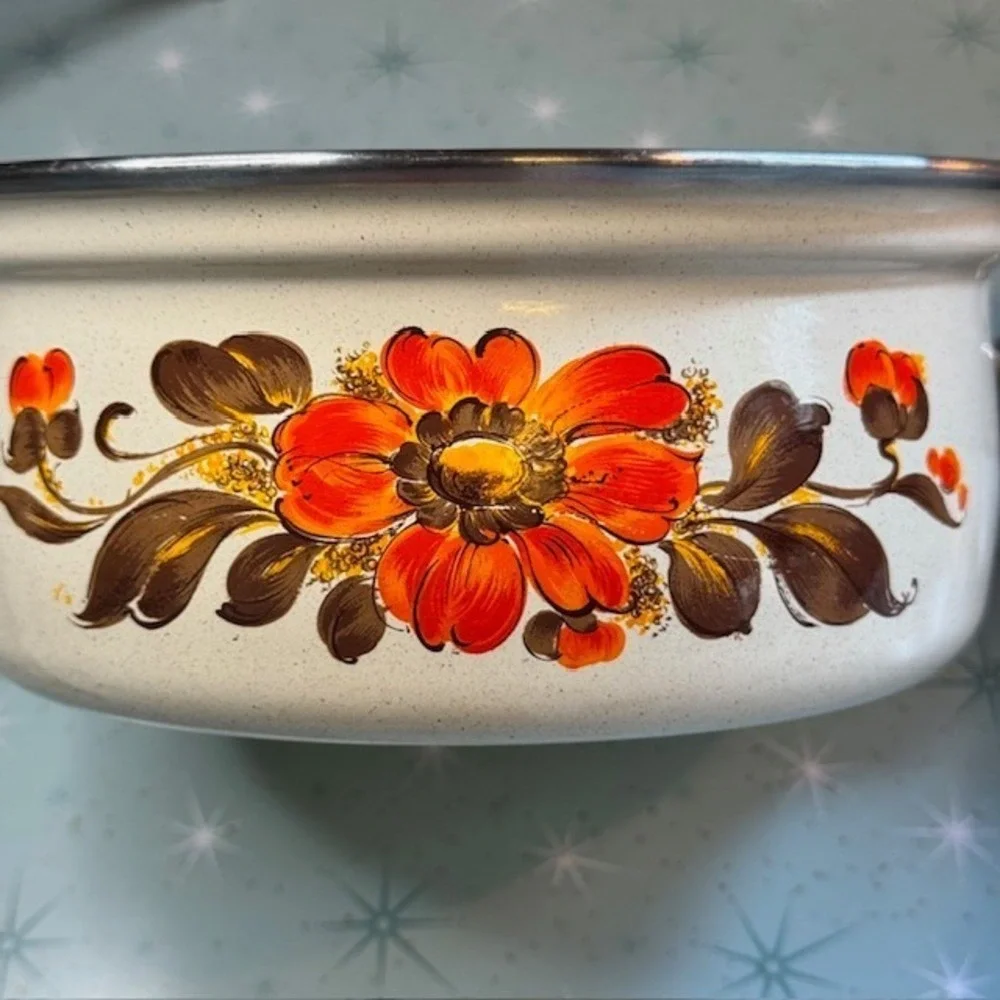 Vintage 1970s Moneta #18 Enamel Saucepan Pot Orange &‎ Brown Floral Boho Italy